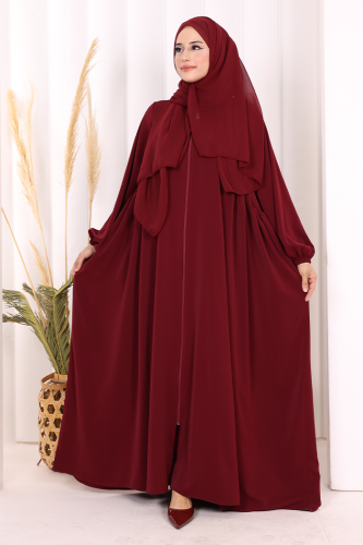 Oval Büzgülü Kol Manşetleri Lastikli Fermuarlı Tam Boy Ferace 6005 Bordo - Bym Fashion