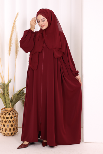 Oval Büzgülü Kol Manşetleri Lastikli Fermuarlı Tam Boy Ferace 6005 Bordo - Bym Fashion (1)