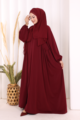 Oval Büzgülü Kol Manşetleri Lastikli Fermuarlı Tam Boy Ferace 6005 Bordo - 4