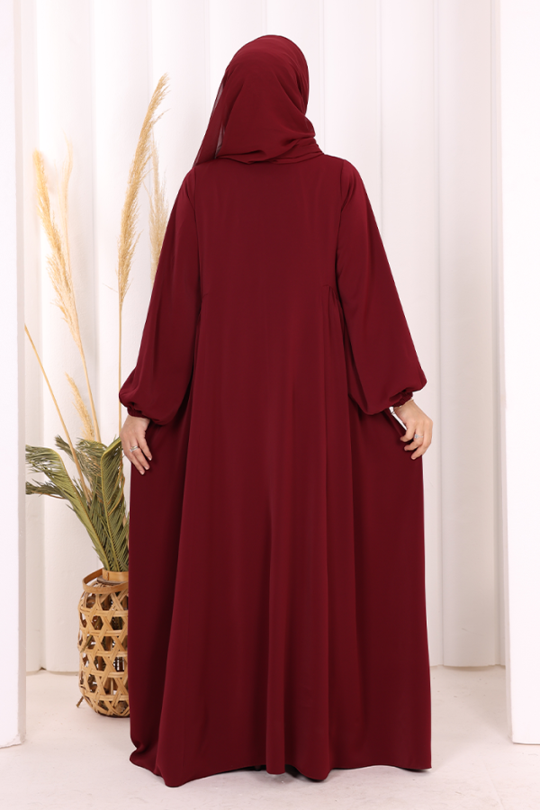 Oval Büzgülü Kol Manşetleri Lastikli Fermuarlı Tam Boy Ferace 6005 Bordo - 5