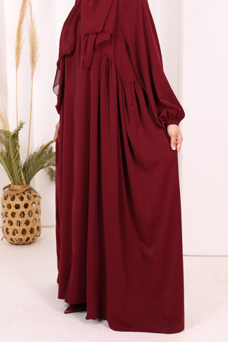 Oval Büzgülü Kol Manşetleri Lastikli Fermuarlı Tam Boy Ferace 6005 Bordo - 7
