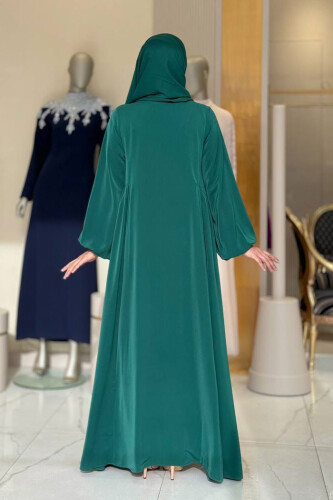 Oval Büzgülü Kol Manşetleri Lastikli Fermuarlı Tam Boy Ferace 6005 Zümrüt - Bym Fashion (1)