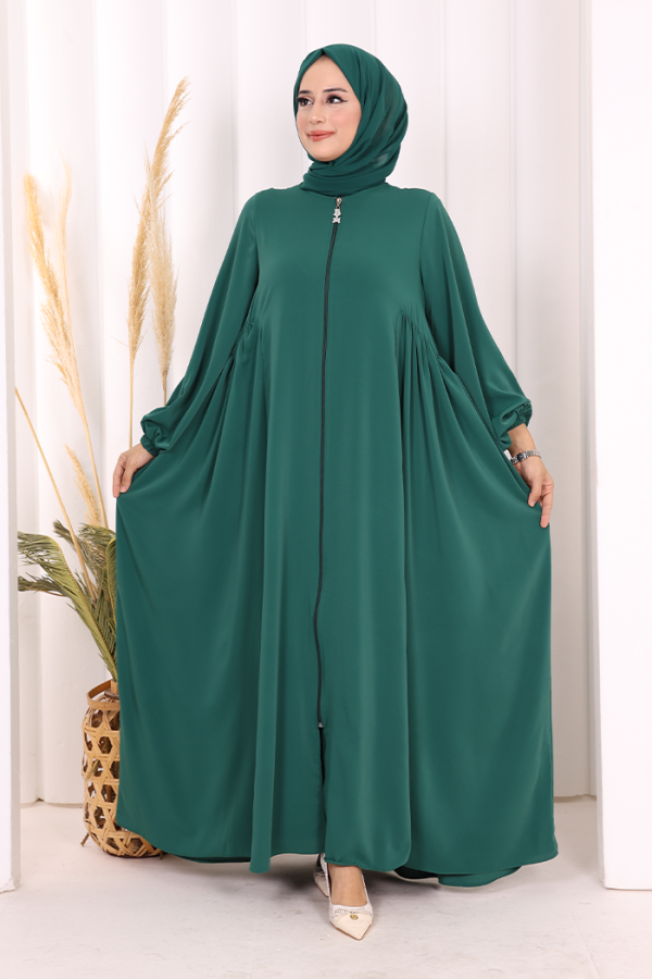 Oval Büzgülü Kol Manşetleri Lastikli Fermuarlı Tam Boy Ferace 6005 Zümrüt - 1