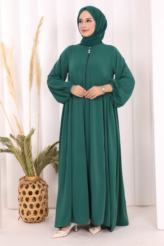 Oval Büzgülü Kol Manşetleri Lastikli Fermuarlı Tam Boy Ferace 6005 Zümrüt - 2