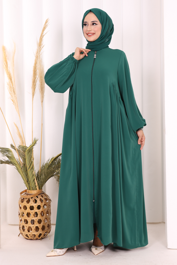 Oval Büzgülü Kol Manşetleri Lastikli Fermuarlı Tam Boy Ferace 6005 Zümrüt - 3