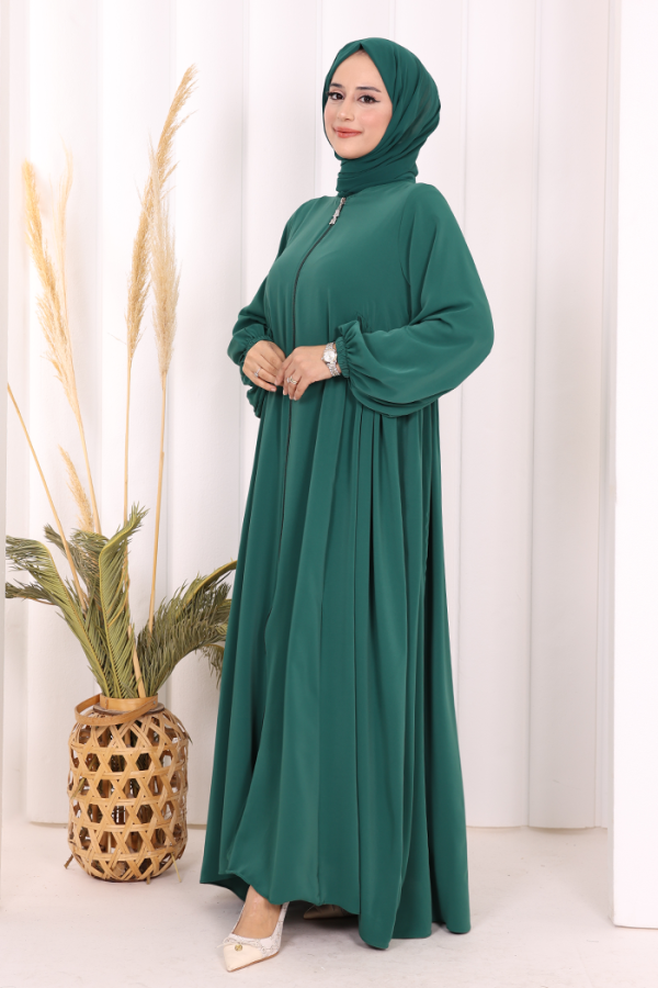 Oval Büzgülü Kol Manşetleri Lastikli Fermuarlı Tam Boy Ferace 6005 Zümrüt - 4