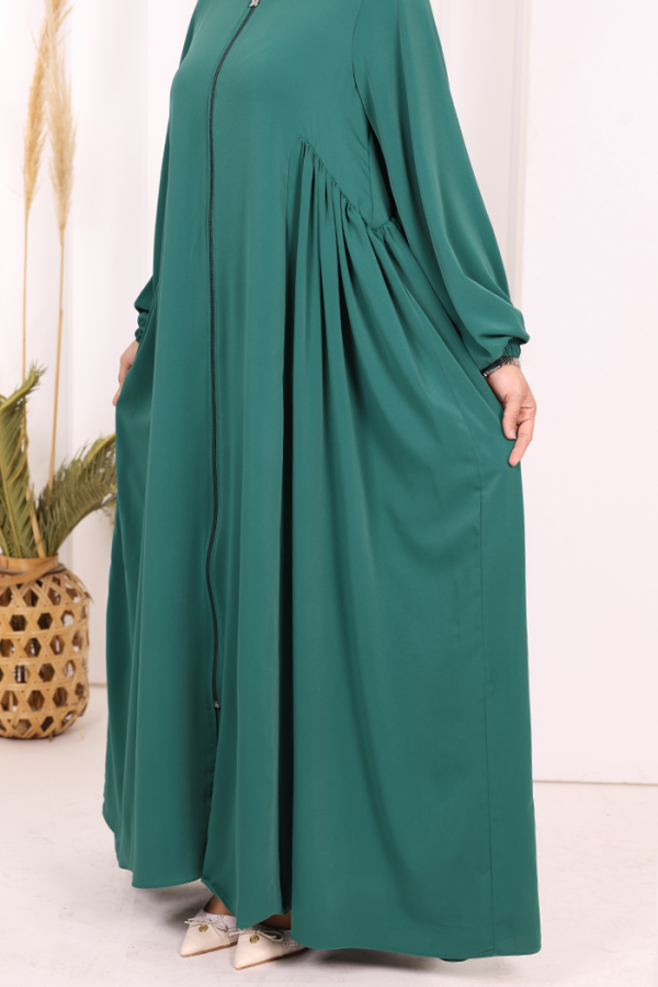 Oval Büzgülü Kol Manşetleri Lastikli Fermuarlı Tam Boy Ferace 6005 Zümrüt - 7