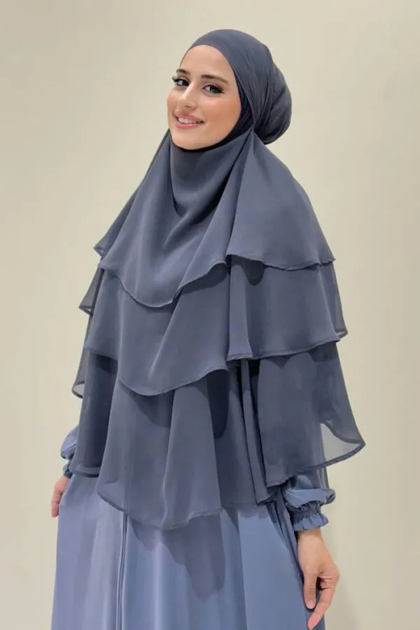 Peçeli 3 Katlı Şifon Sufle Şal 6012 Füme - 6