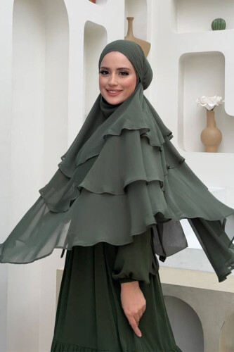 Peçeli 3 Katlı Şifon Sufle Şal 6012 Haki - Bym Fashion (1)