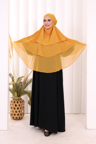 Peçeli 3 Katlı Şifon Sufle Şal 6012 Hardal - 1