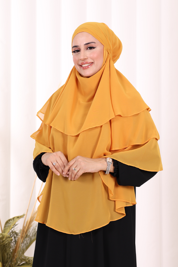 Peçeli 3 Katlı Şifon Sufle Şal 6012 Hardal - 4