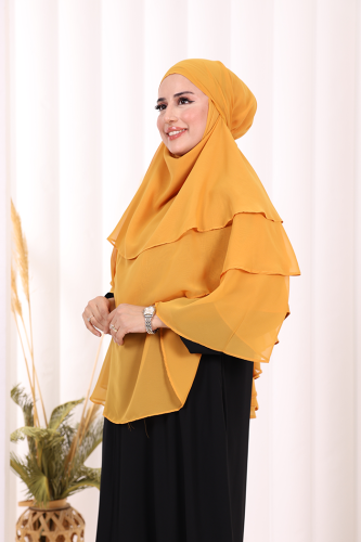 Peçeli 3 Katlı Şifon Sufle Şal 6012 Hardal - 5