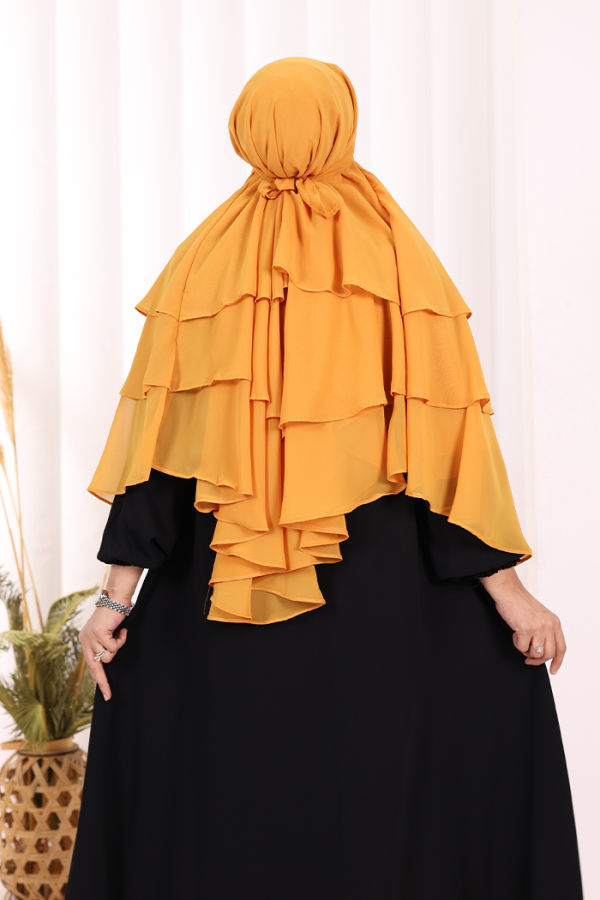 Peçeli 3 Katlı Şifon Sufle Şal 6012 Hardal - 6