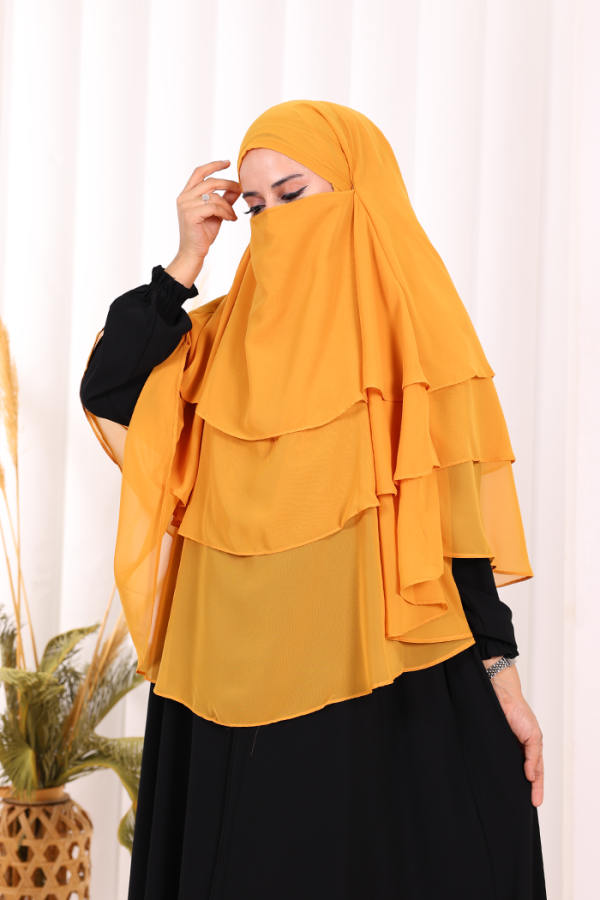 Peçeli 3 Katlı Şifon Sufle Şal 6012 Hardal - 7
