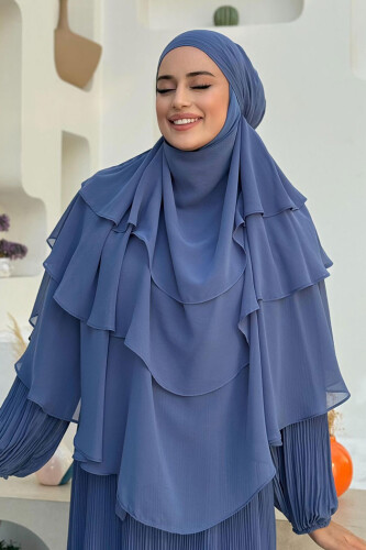 Peçeli 3 Katlı Şifon Sufle Şal 6012 İndigo - 4
