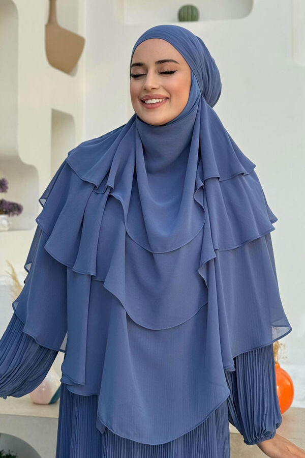 Peçeli 3 Katlı Şifon Sufle Şal 6012 İndigo - 4