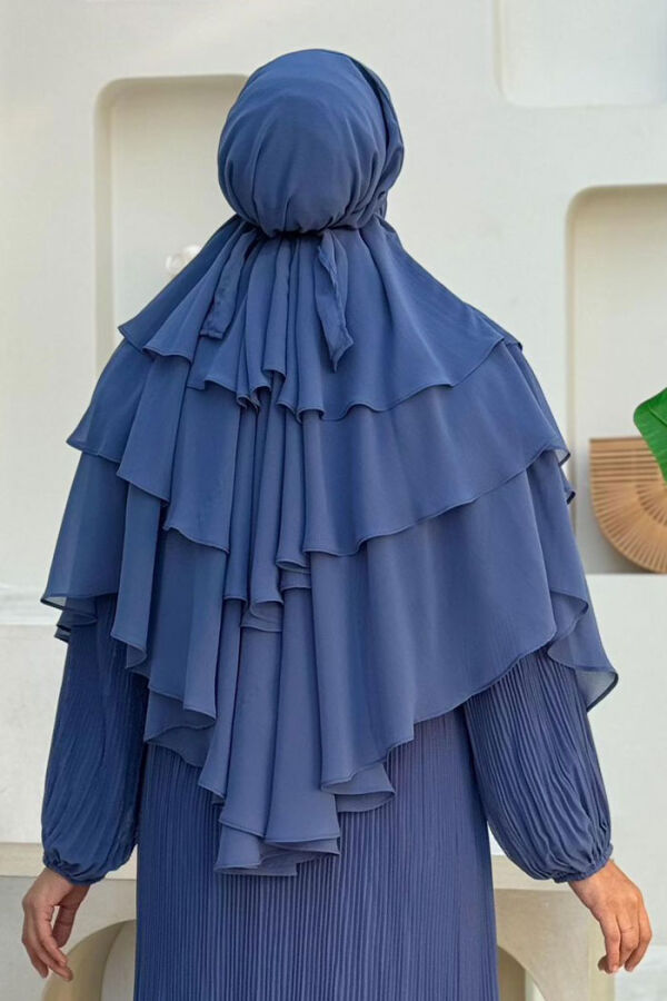 Peçeli 3 Katlı Şifon Sufle Şal 6012 İndigo - 5