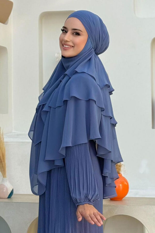 Peçeli 3 Katlı Şifon Sufle Şal 6012 İndigo - 6