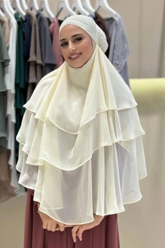 Peçeli 3 Katlı Şifon Sufle Şal 6012 Krem - 8