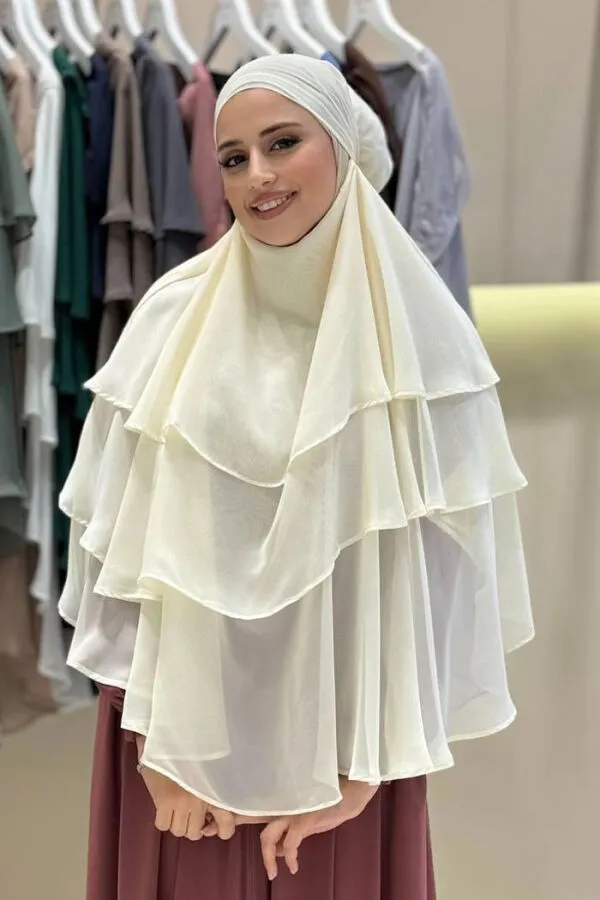 Peçeli 3 Katlı Şifon Sufle Şal 6012 Krem - 8