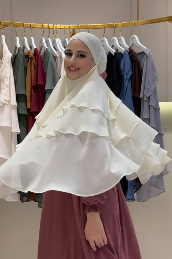 Peçeli 3 Katlı Şifon Sufle Şal 6012 Krem - 10