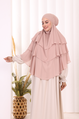 Peçeli 3 Katlı Şifon Sufle Şal 6012 Pudra - Bym Fashion (1)