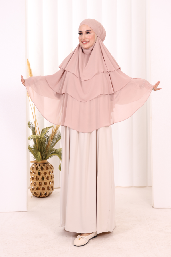 Peçeli 3 Katlı Şifon Sufle Şal 6012 Pudra - 1