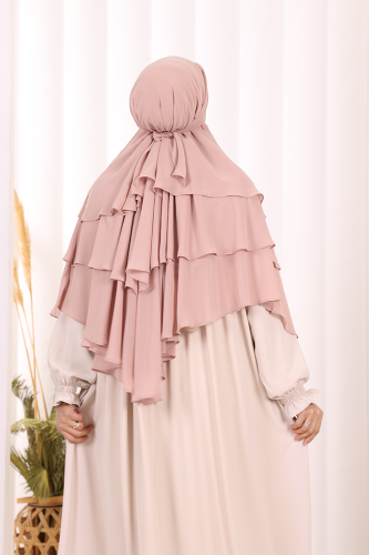 Peçeli 3 Katlı Şifon Sufle Şal 6012 Pudra - 4