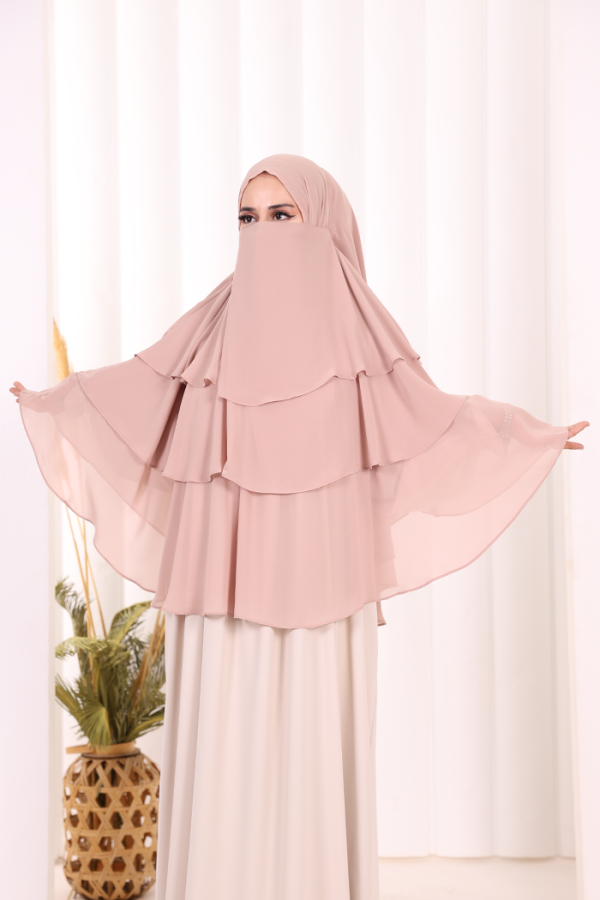 Peçeli 3 Katlı Şifon Sufle Şal 6012 Pudra - 5