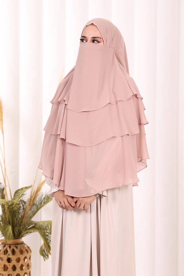 Peçeli 3 Katlı Şifon Sufle Şal 6012 Pudra - 6