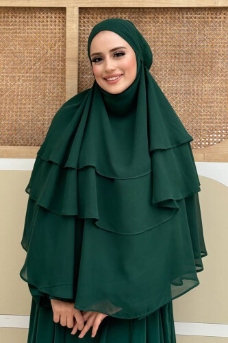 Peçeli 3 Katlı Şifon Sufle Şal 6012 Zümrüt - Bym Fashion