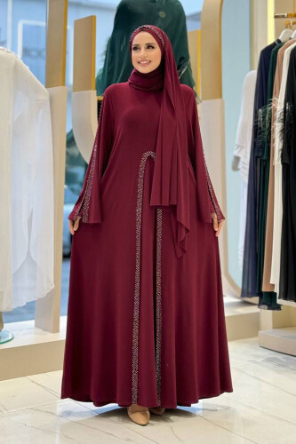 Pelerin, Elbise ve Şal Üçlü Takım 3932 Bordo - Bym Fashion