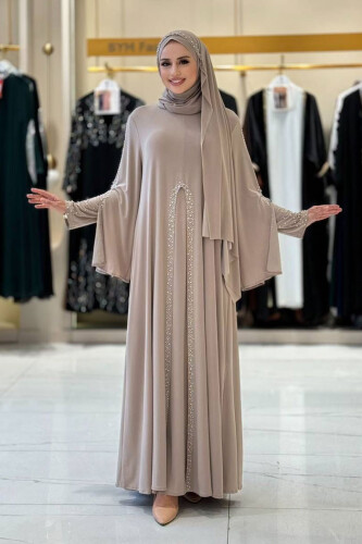 Pelerin, Elbise ve Şal Üçlü Takım 3932 Vizon - Bym Fashion