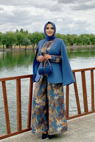 Cape Sleeve Look Straight Lined Jacket 7666 Indigo - Bym Fashion