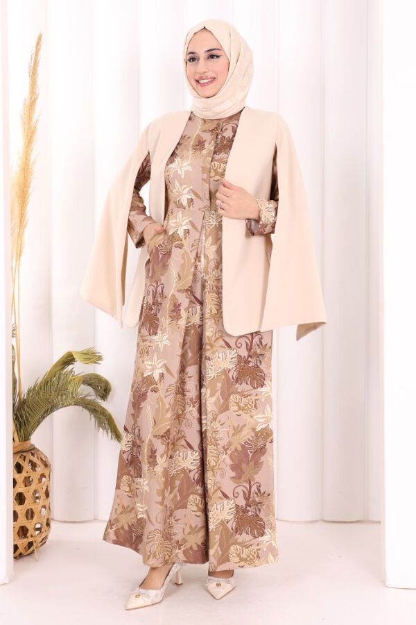 Pelerin Kol Görünümlü Düz Astarlı Ceket 7666 Taş - 4