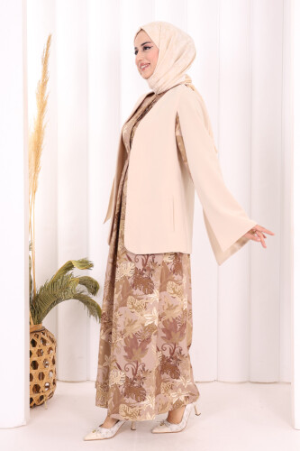 Pelerin Kol Görünümlü Düz Astarlı Ceket 7666 Taş - 6