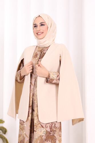 Pelerin Kol Görünümlü Düz Astarlı Ceket 7666 Taş - 8