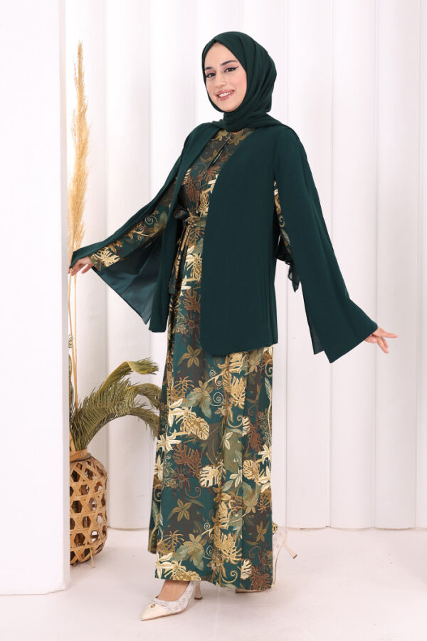 Pelerin Kol Görünümlü Düz Astarlı Ceket 7666 Zümrüt - 7