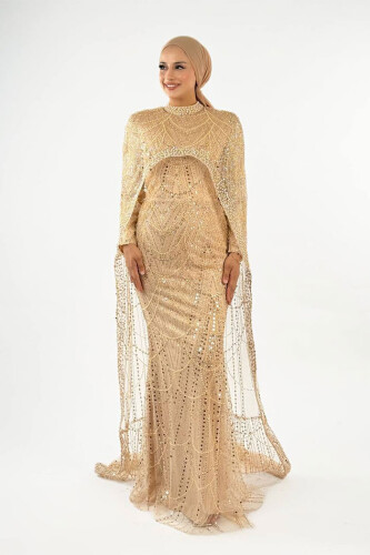 Pelerinli Taşlı Abiye 7095-K Gold - Bym Fashion