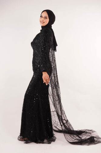 Pelerinli Taşlı Abiye 7095-K Siyah - Bym Fashion (1)