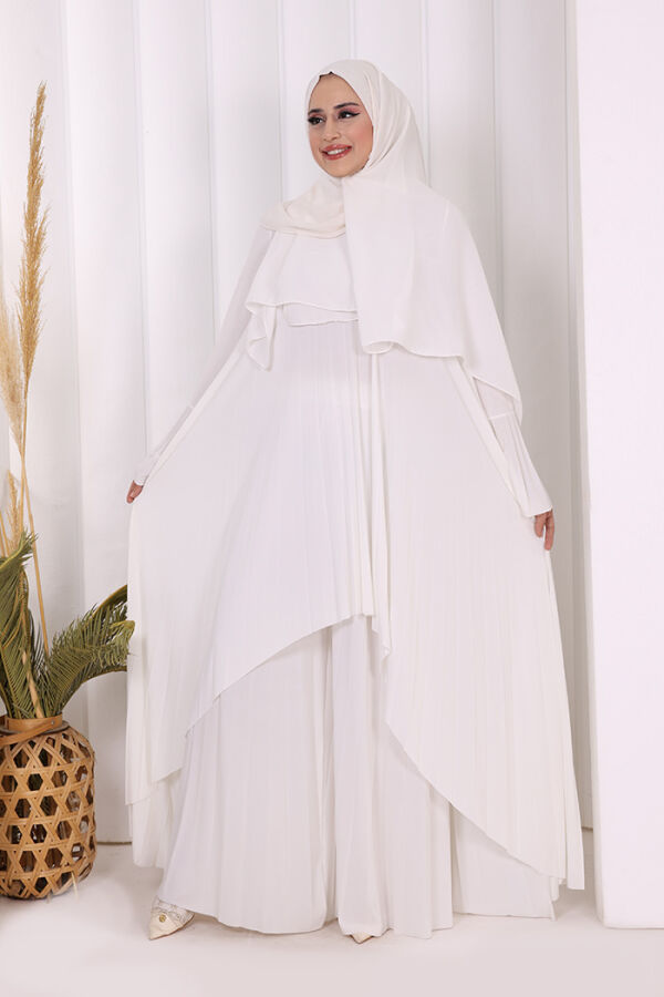 Pilise Detaylı Uzun Tunik ve Pantolon İkili Takım 8575 Ekru - 5