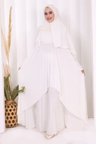 Pilise Detaylı Uzun Tunik ve Pantolon İkili Takım 8575 Ekru - 6