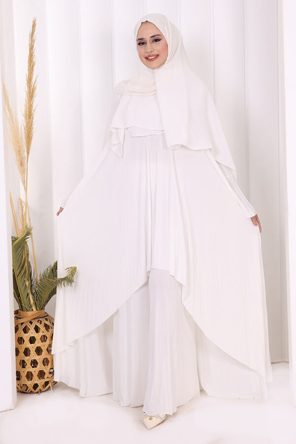 Pilise Detaylı Uzun Tunik ve Pantolon İkili Takım 8575 Ekru - 6