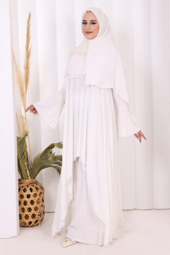 Pilise Detaylı Uzun Tunik ve Pantolon İkili Takım 8575 Ekru - 7