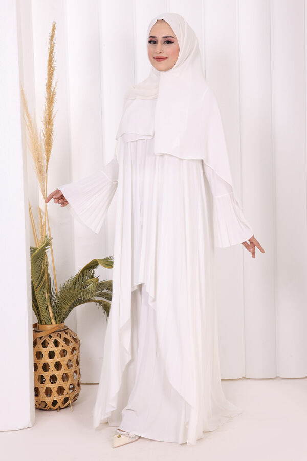 Pilise Detaylı Uzun Tunik ve Pantolon İkili Takım 8575 Ekru - 7