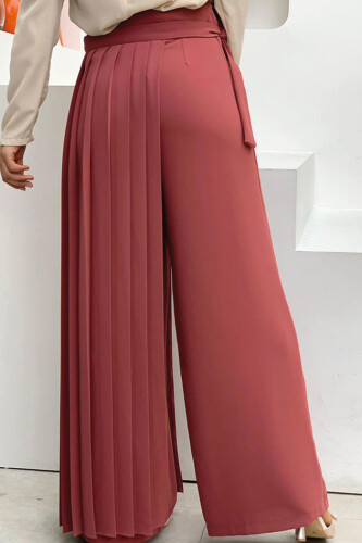 Piliseli Ayrı Bağlamalı Parça Detaylı Pantolon Etek 0274 Gül Kurusu - Bym Fashion (1)