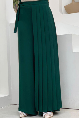 Pleated Separate Tie Detailed Trouser Skirt 0274 Emerald - Bym Fashion