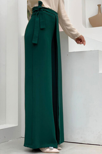 Pleated Separate Tie Detailed Trouser Skirt 0274 Emerald - 3