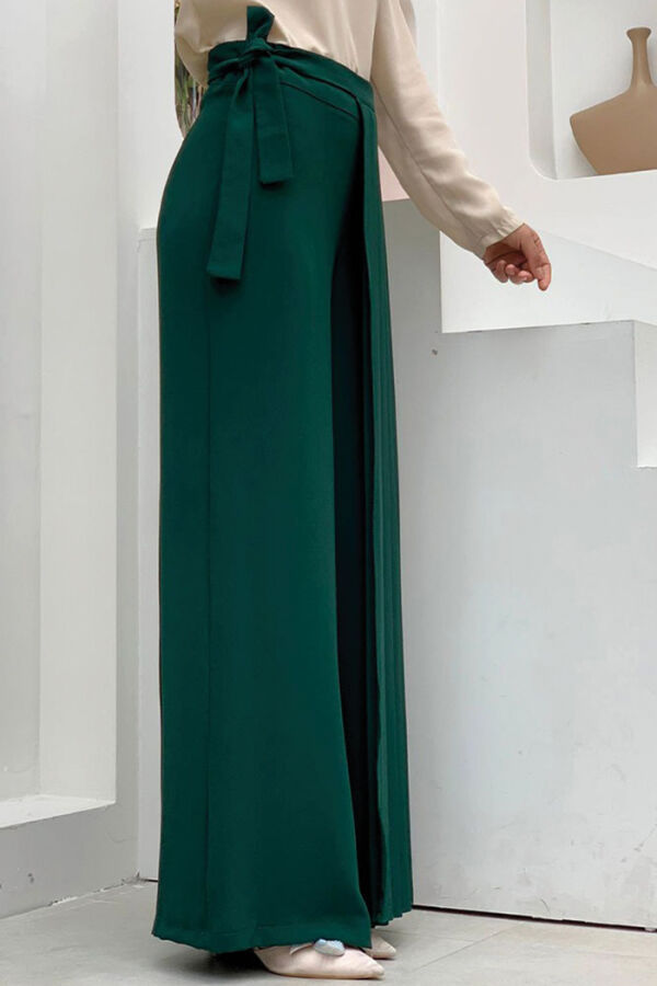 Pleated Separate Tie Detailed Trouser Skirt 0274 Emerald - 3