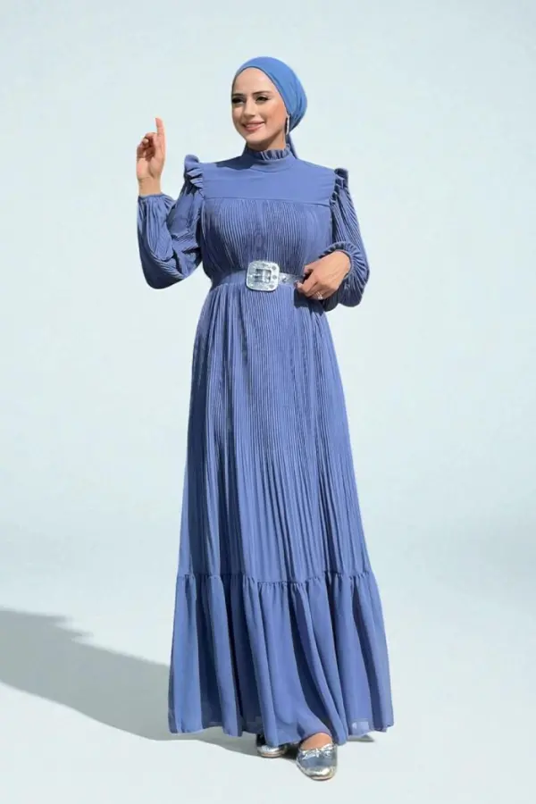 Piliseli Fırfır Görünümlü Bel Kuşaklı Şifon Elbise 3628 İndigo - 1